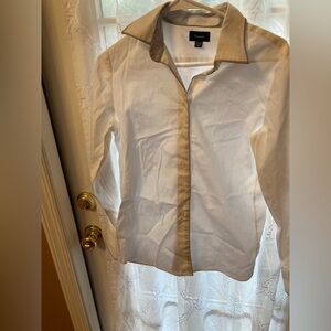 Faconnable White Button Down Shirt Tan Trim Contrast Collar Size 8